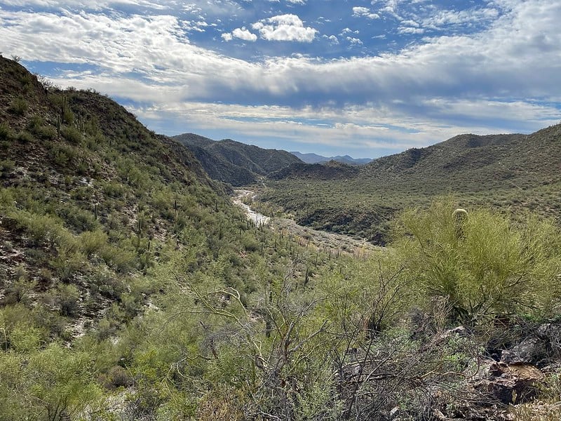 point of view of black canyon national recreational trail near black canyon city arizona. foreground is shrubbery and vegetation, mid image left to right depicts two mountains and the background/middle has a trail and clear sky with light clouds